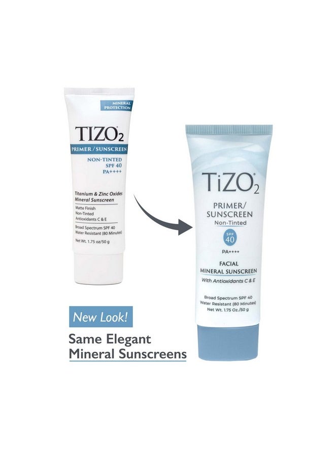 TiZO2 Facial Mineral Sunscreen and Primer, Non-tinted Broad Spectrum SPF 40 with Antioxidants, Sheer matte finish, Fragrance-Free, Oil-Free, Dermatologist-recommended, PA++++ 1.75 oz