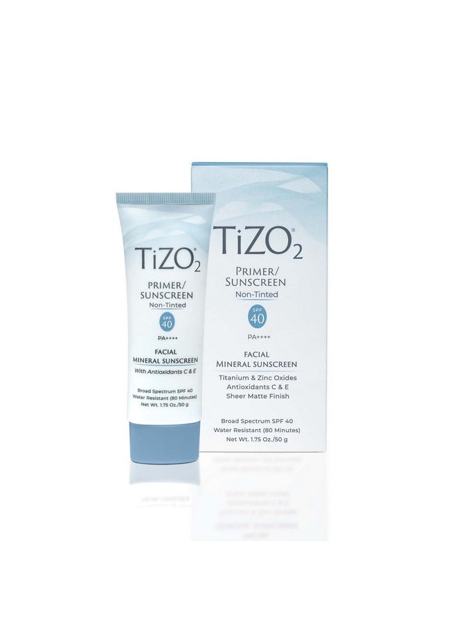 TiZO2 Facial Mineral Sunscreen and Primer, Non-tinted Broad Spectrum SPF 40 with Antioxidants, Sheer matte finish, Fragrance-Free, Oil-Free, Dermatologist-recommended, PA++++ 1.75 oz