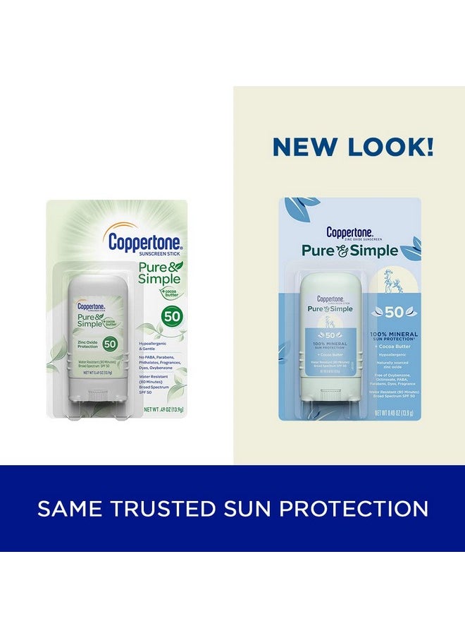 Coppertone Pure and Simple Zinc Oxide Mineral Sunscreen Stick SPF 50, Face Sunscreen Stick, Water Resistant, Broad Spectrum SPF 50 Sunscreen for Sensitive Skin, 0.49 Oz Stick