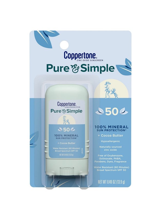 Coppertone Pure and Simple Zinc Oxide Mineral Sunscreen Stick SPF 50, Face Sunscreen Stick, Water Resistant, Broad Spectrum SPF 50 Sunscreen for Sensitive Skin, 0.49 Oz Stick