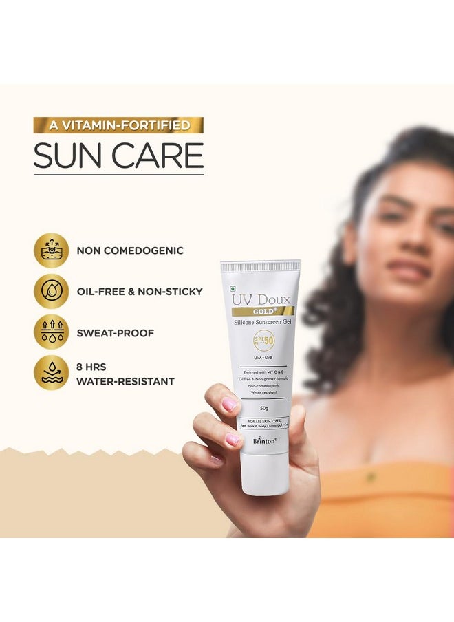 Brinton UV Doux Gold Silicone Sunscreen Gel SPF 50 pa+++ UVA/UVB With Broad Spectrum, Water Resistant Best SPF Sunscreen For Women, 50 g