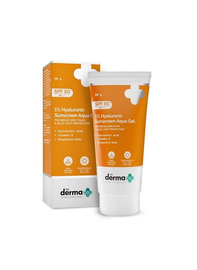 The Derma Co 1% Hyaluronic Sunscreen Aqua Gel SPF 50 PA++++ I Ultra Lightweight Texture, I Non-Greasy I No White Cast | Broad Spectrum Protection & Blue Light Protection I For All Skin Types- 80 g