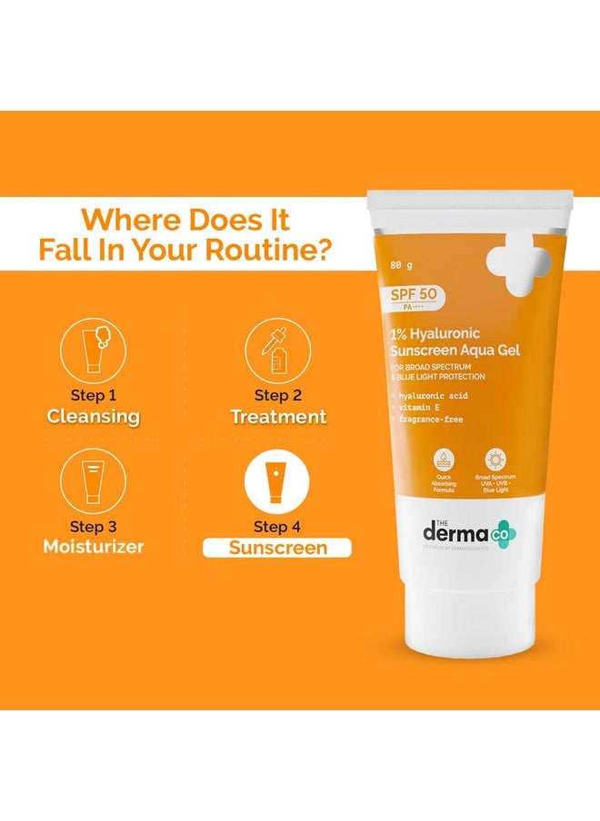 The Derma Co 1% Hyaluronic Sunscreen Aqua Gel SPF 50 PA++++ I Ultra Lightweight Texture, I Non-Greasy I No White Cast | Broad Spectrum Protection & Blue Light Protection I For All Skin Types- 80 g
