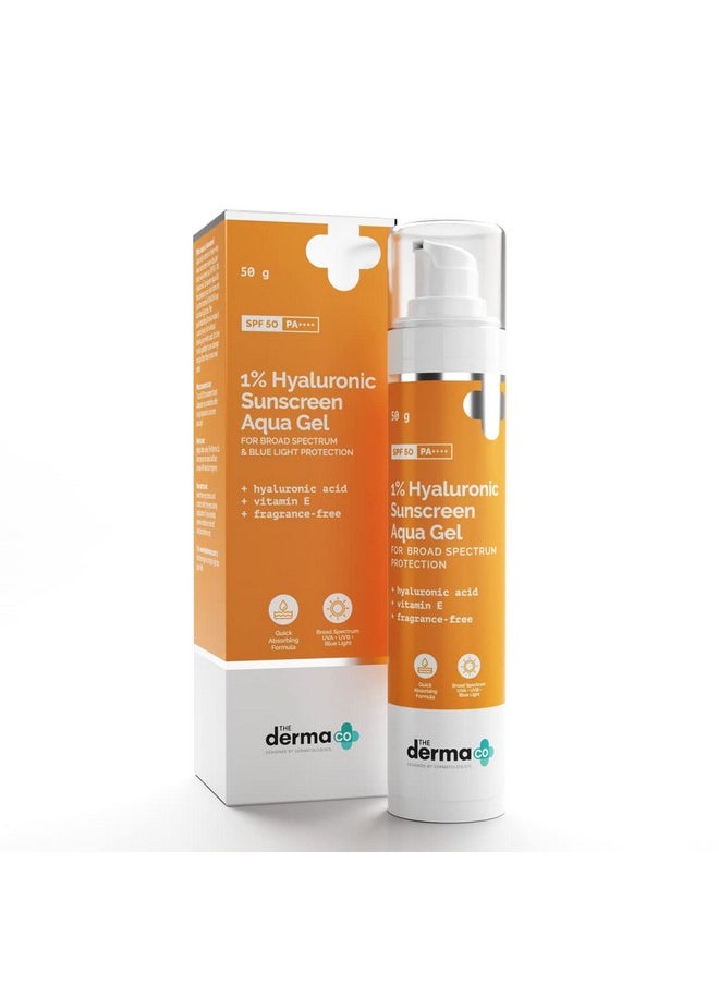 The Derma Co 1% Hyaluronic Sunscreen Aqua Gel with SPF 50 & PA++++ | Broad Spectrum UVA/B & Blue Light Protection | Lightweight & Quick Absorbing with Vitamin E | 1.76 Oz/50g