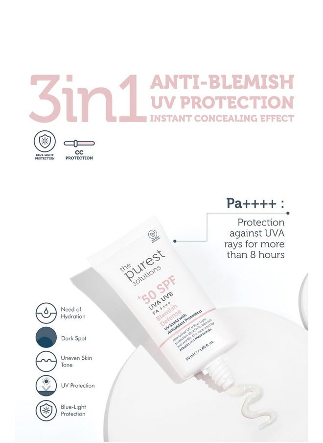 The Purest Solutions Blemish Defense (UV Shield with Antioxidant Protection SPF 50+) - 8h UVA Protection, Arbutin & Niacinamide for Skin Tone Harmonization and Moisturizers - Vegan (50 ml)