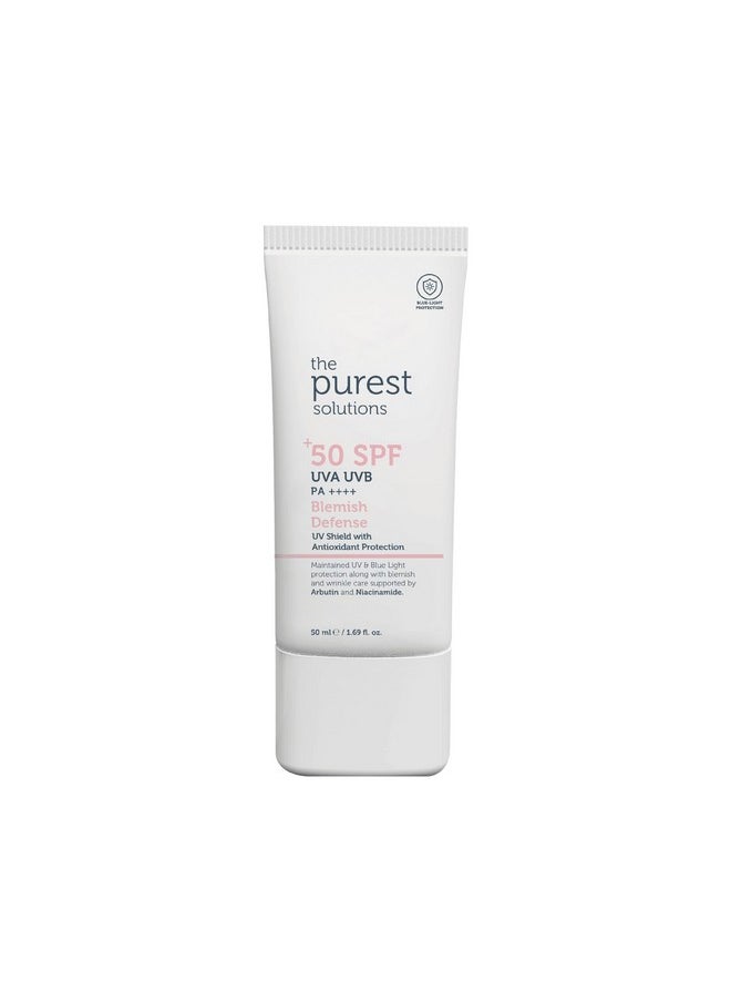 The Purest Solutions Blemish Defense (UV Shield with Antioxidant Protection SPF 50+) - 8h UVA Protection, Arbutin & Niacinamide for Skin Tone Harmonization and Moisturizers - Vegan (50 ml)