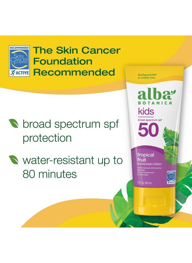 Alba Botanica Kids Sunscreen for Face and Body, Tropical Fruit Sunscreen Lotion for Kids, Broad Spectrum SPF 50, Water Resistant and Hypoallergenic, 3 fl. oz. Bottle
