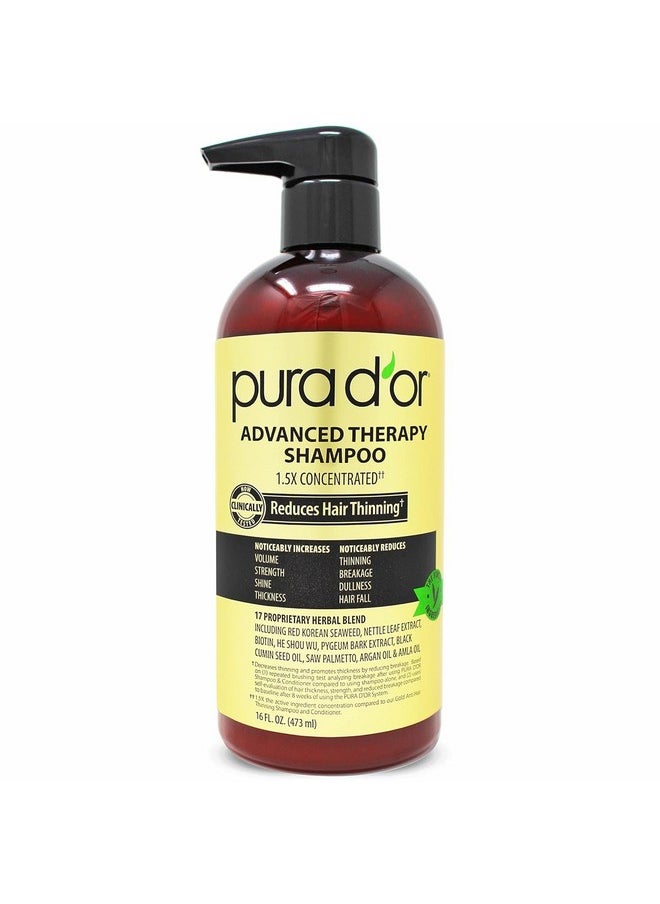 PURA D'OR 16 Oz Advanced Therapy Shampoo Reduces Hair Thinning & Increases Volume, No Sulfate, Biotin Shampoo Infused with Argan Oil, Aloe Vera for All Hair Types, Men & Women