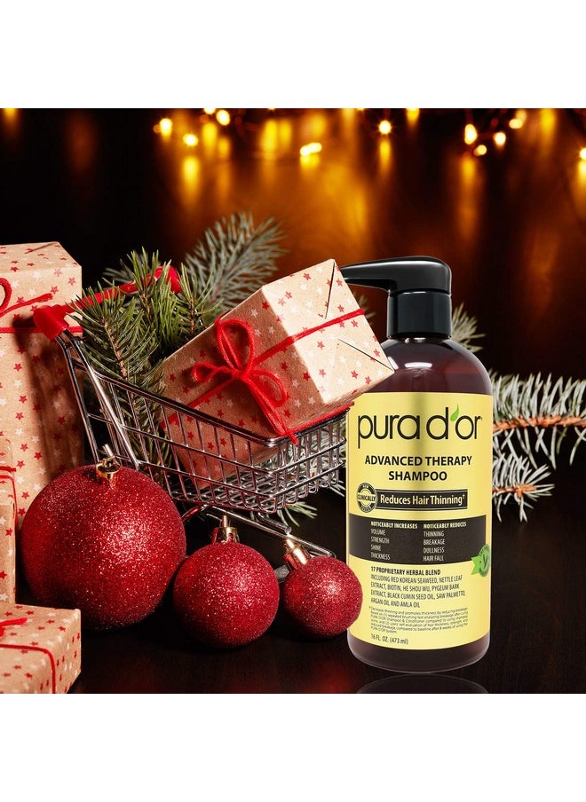 PURA D'OR 16 Oz Advanced Therapy Shampoo Reduces Hair Thinning & Increases Volume, No Sulfate, Biotin Shampoo Infused with Argan Oil, Aloe Vera for All Hair Types, Men & Women