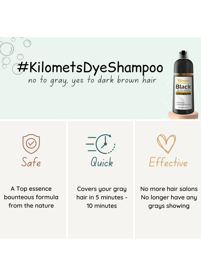 Kilomets BLACK Hair Dye Shampoo 400ml- 100% Grey Coverage in Minutes- Ammonia Free Hair Color Shampoo Cover Gray Silver Hair- Instant Darkening Coloring At Home- Gift for Mom Dad