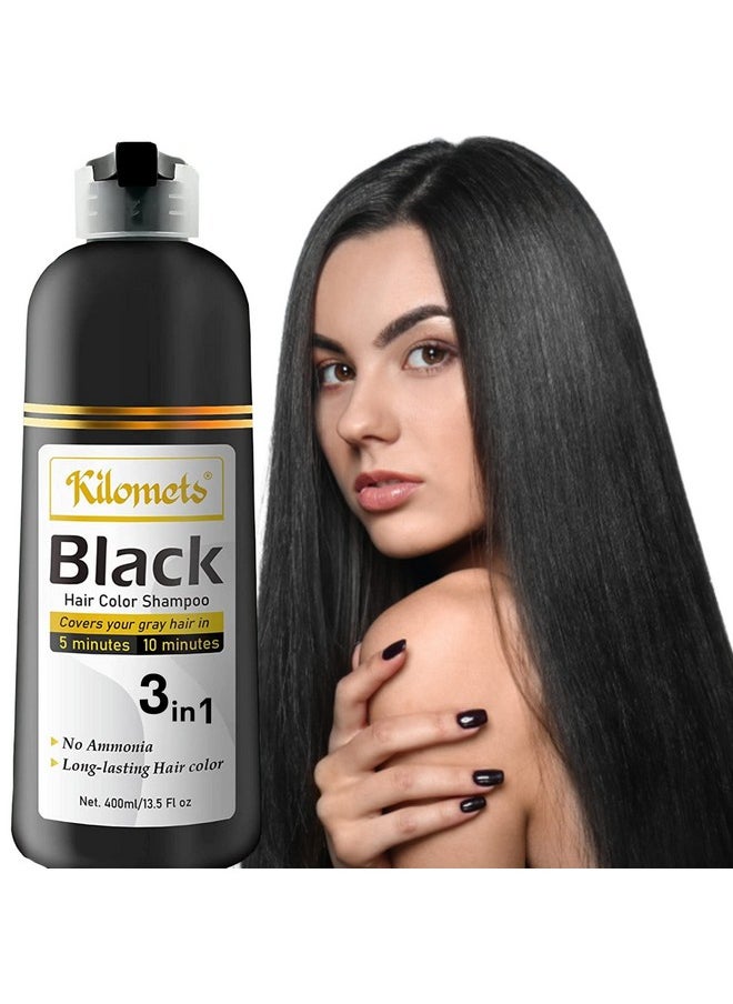 Kilomets BLACK Hair Dye Shampoo 400ml- 100% Grey Coverage in Minutes- Ammonia Free Hair Color Shampoo Cover Gray Silver Hair- Instant Darkening Coloring At Home- Gift for Mom Dad
