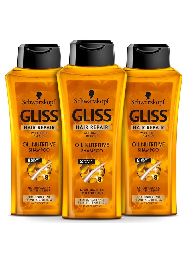 GLISS Hair Repair Shampoo, Oil Nutritive for Longer Hair Prone to Split Ends, 13.6 Ounces (Pack of 3)