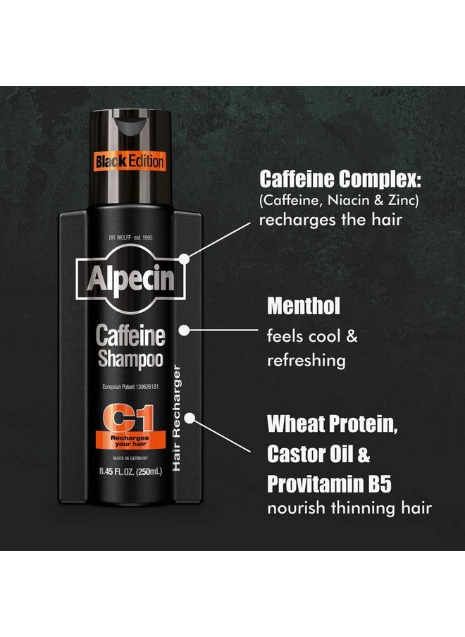Alpecin Caffeine Shampoo C1 Black Edition, Men's Natural Hair Growth Shampoo for Thinning Hair with Niacin, Menthol, and Castor Oil, 8.45 fl. oz.