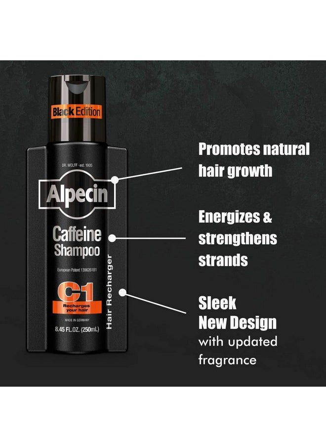 Alpecin Caffeine Shampoo C1 Black Edition, Men's Natural Hair Growth Shampoo for Thinning Hair with Niacin, Menthol, and Castor Oil, 8.45 fl. oz.