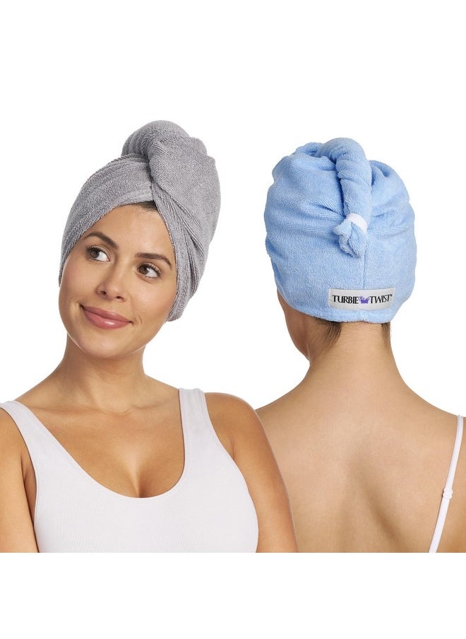 Turbie Twist 2-Pack Microfiber Hair Towel for Beauty, Travel, Gifting - Hair Wrap Turban for Straight, Wavy & Curly Hair - Premium Hair Care - Grey & Blue