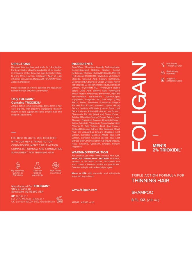 Foligain Triple Action Shampoo For Thinning Hair, Men’s Volumizing Shampoo, with 2% Trioxidil 8 Fl. Oz.