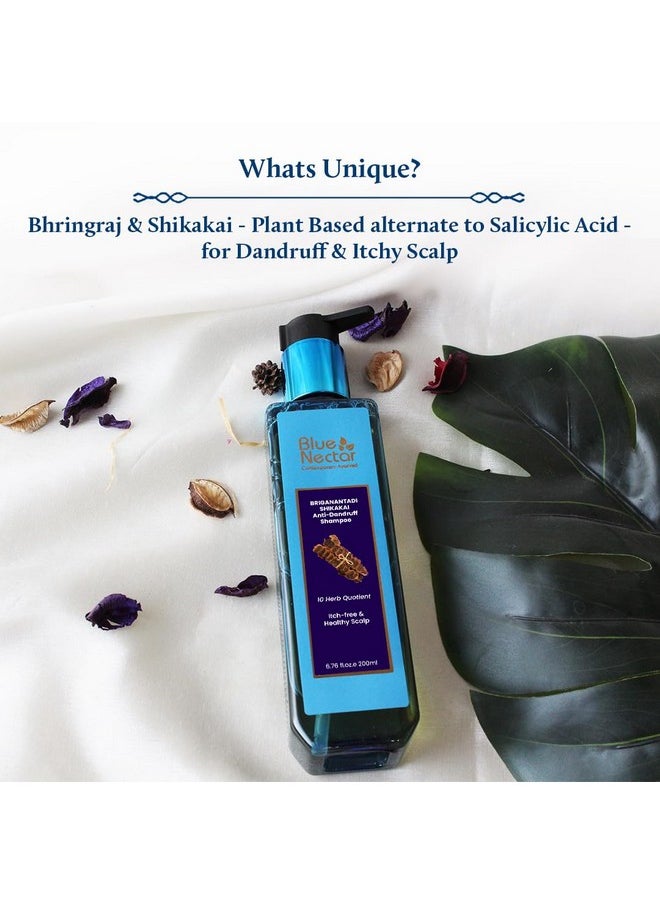 Blue Nectar Anti Dandruff and Healthy Scalp Hair Cleanser Shampoo with Bhringraj, Shikakai, Suitable for Colored Hair, Dry Frizzy Hair | Plant Based Alternate to Salicyclic Acid (10 Herbs, 200 ml)