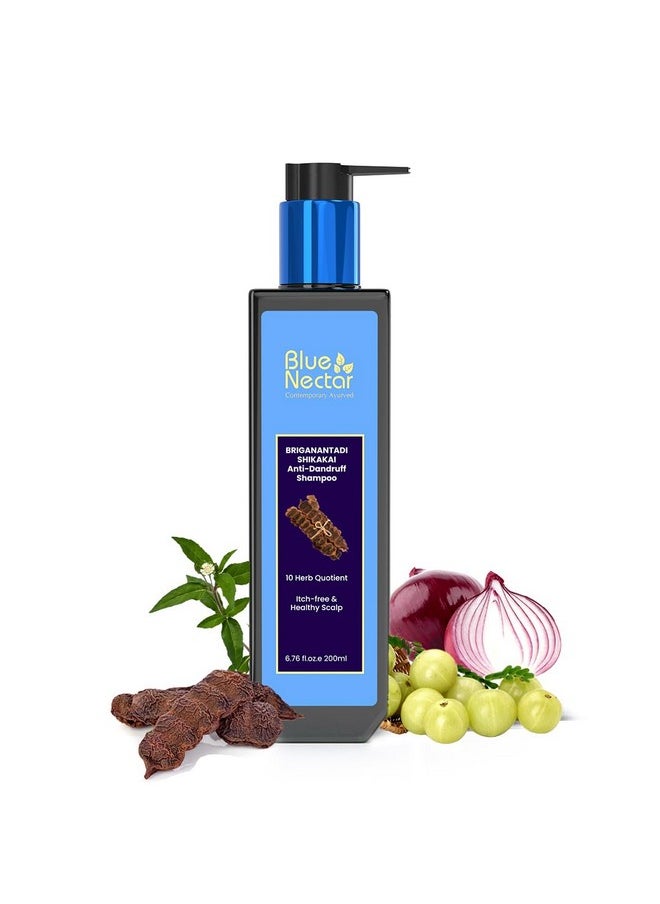 Blue Nectar Anti Dandruff and Healthy Scalp Hair Cleanser Shampoo with Bhringraj, Shikakai, Suitable for Colored Hair, Dry Frizzy Hair | Plant Based Alternate to Salicyclic Acid (10 Herbs, 200 ml)