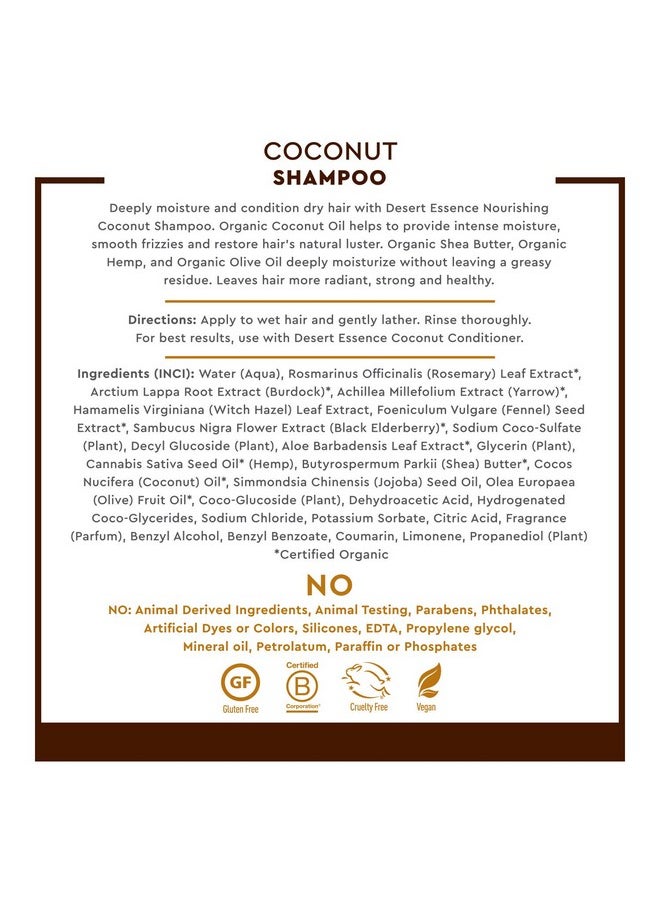 Desert Essence Coconut Shampoo - Nourishing, Paraben-Free, Mineral Oil Free, Vegan, Moisturizing Shampoo for Dry, Damaged Hair - Infused with Natural Coconut Oil, 8 fl oz