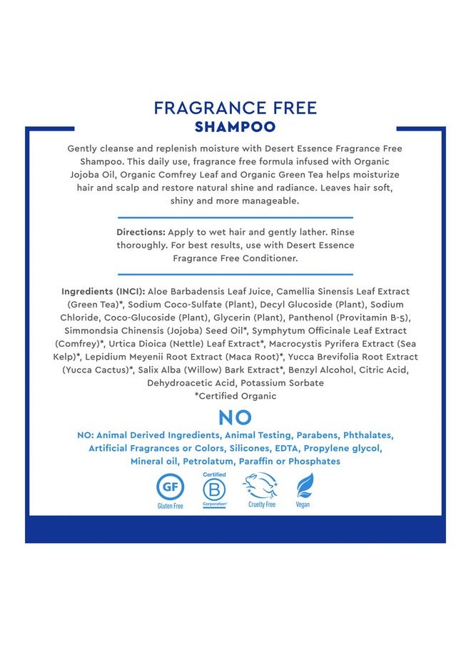 Desert Essence Fragrance Free Shampoo - Pure - 8 Fl Ounce - Unscented - Gloss & Shine - Strengthens Hair - Soft & Revitalized - Green Tea - Vitamins & Minerals - Jojoba Oil