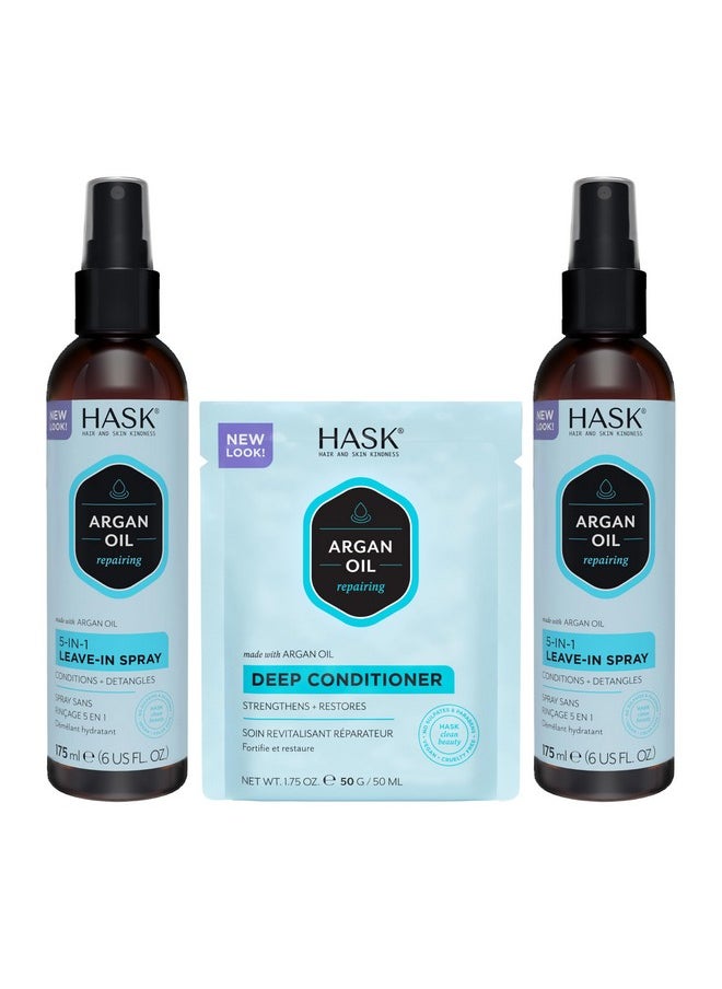 HASK Argan Oil 5-in-1 Leave-In Conditioner Duo (6oz-Qty 2) & Argan Oil Repairing Deep Conditioner Packette, Color Safe, Sulfate-Free, Paraben-Free, Gluten-Free, for All Hair Types