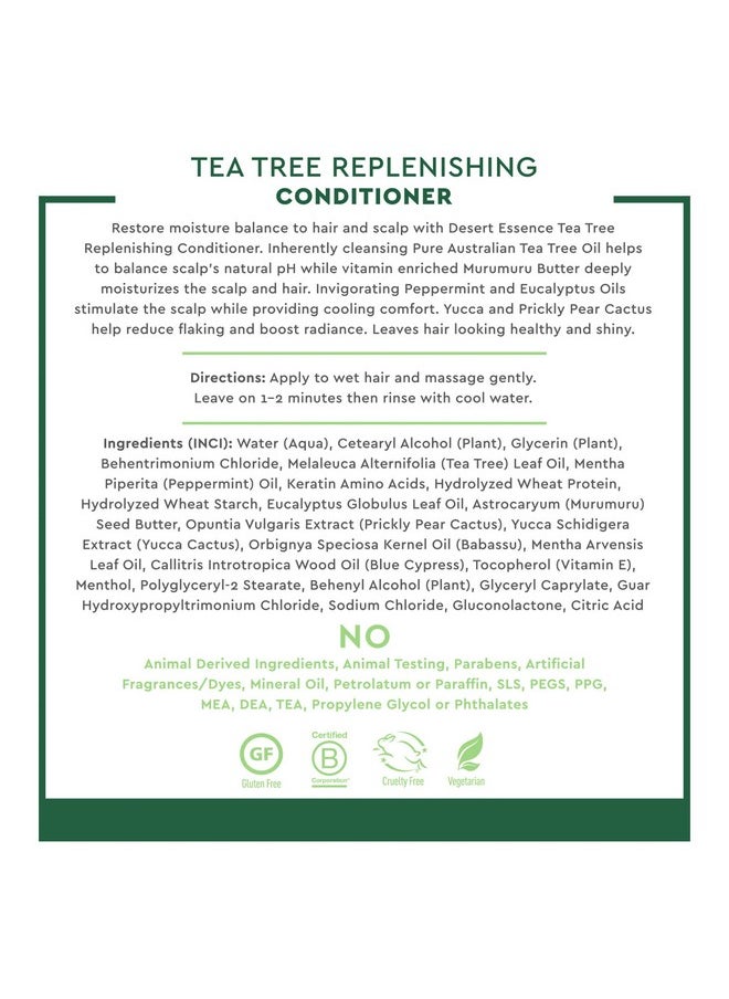 Desert Essence Tea Tree Replenishing Conditioner - 12.7 Fl Ounce - Peppermint & Yucca - Eucalyptus Oil - Vitamin E - Keratin - Murumuru Butter For Dull, Damaged Hair - Reduces Hair Breakage & Flaking