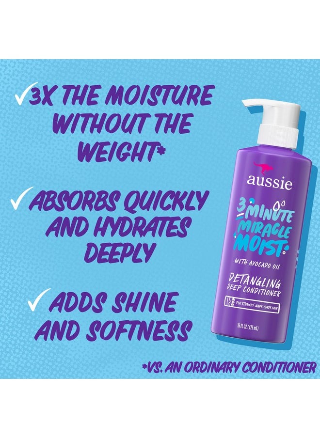 Aussie 3 Minute Miracle Moist Deep Conditioner for Dry Hair, Avocado & Jojoba Oil, Safe for Color Treated Hair, Nourishing Hydration, Silky Shine, Paraben-Free, 16 Fl Oz Each, Triple Pack