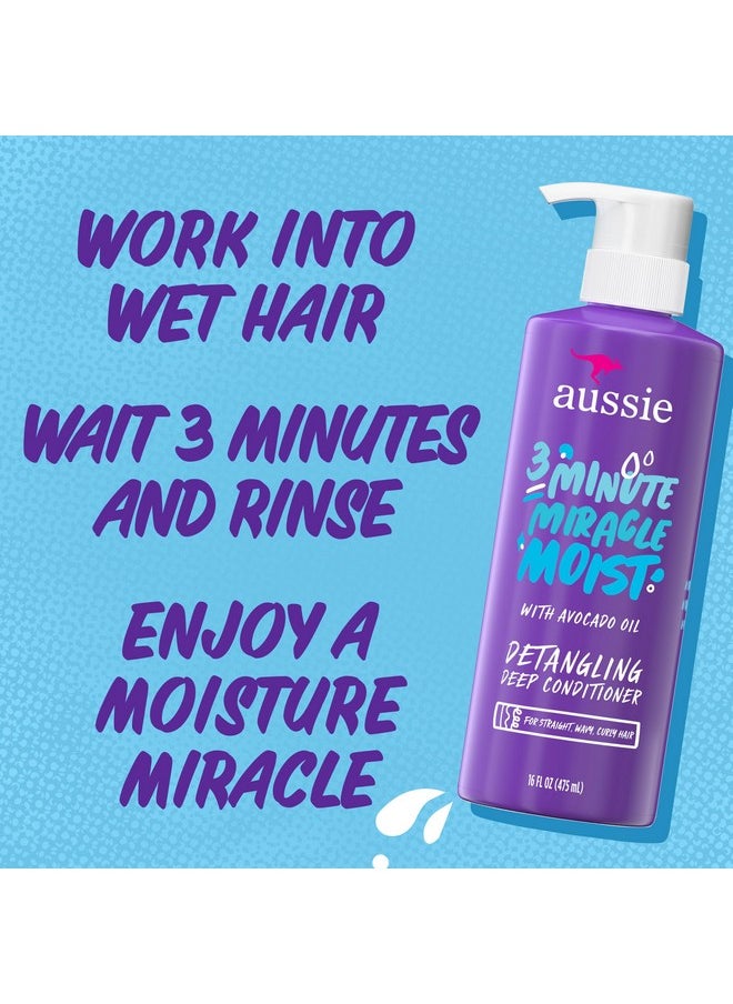 Aussie 3 Minute Miracle Moist Deep Conditioner for Dry Hair, Avocado & Jojoba Oil, Safe for Color Treated Hair, Nourishing Hydration, Silky Shine, Paraben-Free, 16 Fl Oz Each, Triple Pack