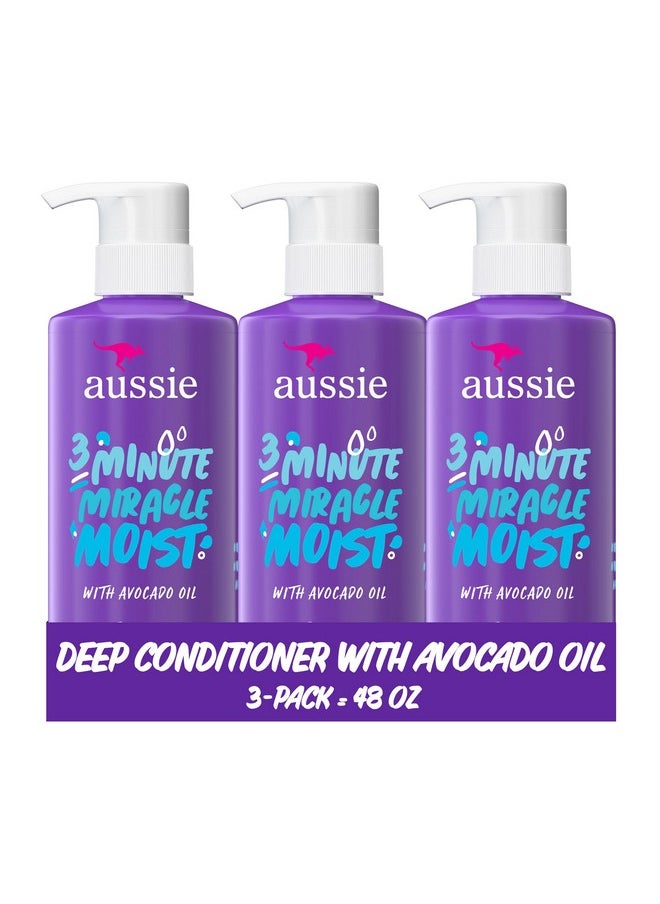 Aussie 3 Minute Miracle Moist Deep Conditioner for Dry Hair, Avocado & Jojoba Oil, Safe for Color Treated Hair, Nourishing Hydration, Silky Shine, Paraben-Free, 16 Fl Oz Each, Triple Pack