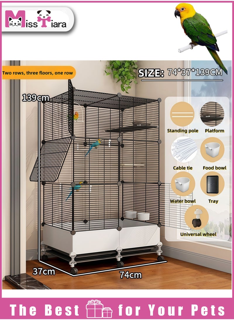 Bird Large Cage for Parakeets, Parrotlets, Cockatiels, Budgie Finch Lovebird Canary Pet Bird,Splash-proof food, Easy to install and clean，Accessories included Large space multiple birds fly freely 74*37*139cm  Black
