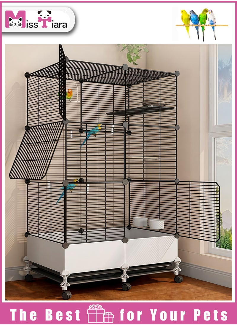 Bird Large Cage for Parakeets, Parrotlets, Cockatiels, Budgie Finch Lovebird Canary Pet Bird,Splash-proof food, Easy to install and clean，Accessories included Large space multiple birds fly freely 74*37*139cm  Black