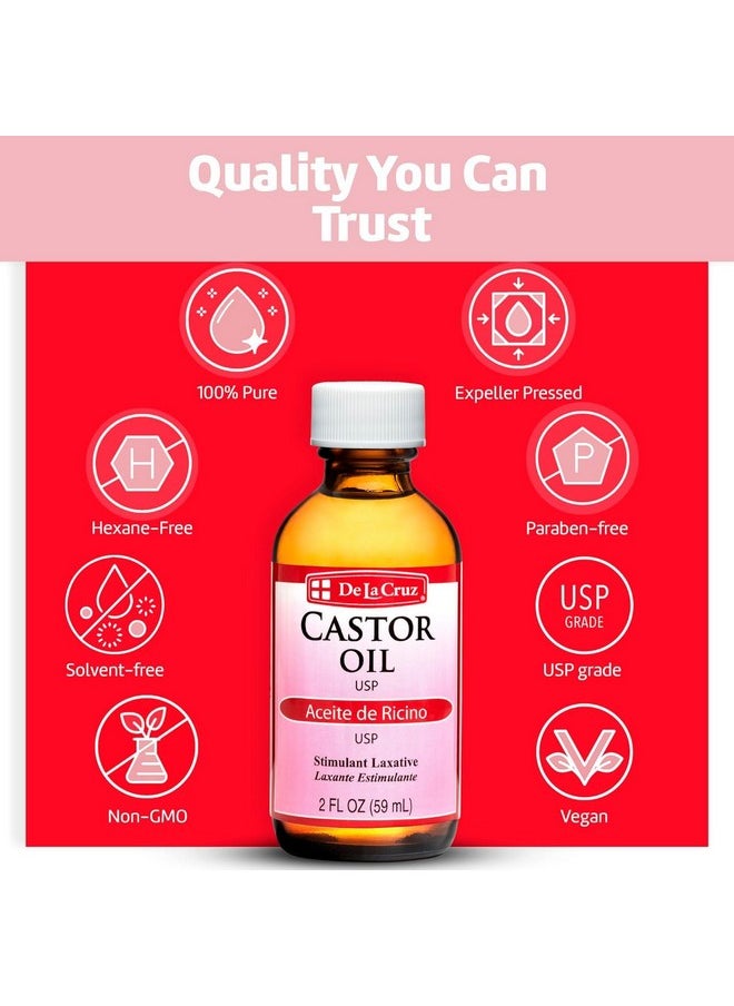 De La Cruz Castor Oil - 100% Pure Castor Oil for Hair, Skin, Eyelashes, and Eyebrows - USP Grade, 2 FL Oz (3 Glass Bottles)