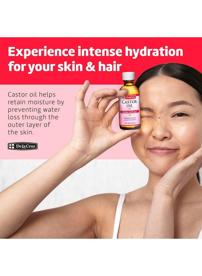 De La Cruz Castor Oil - 100% Pure Castor Oil for Hair, Skin, Eyelashes, and Eyebrows - USP Grade, 2 FL Oz (3 Glass Bottles)