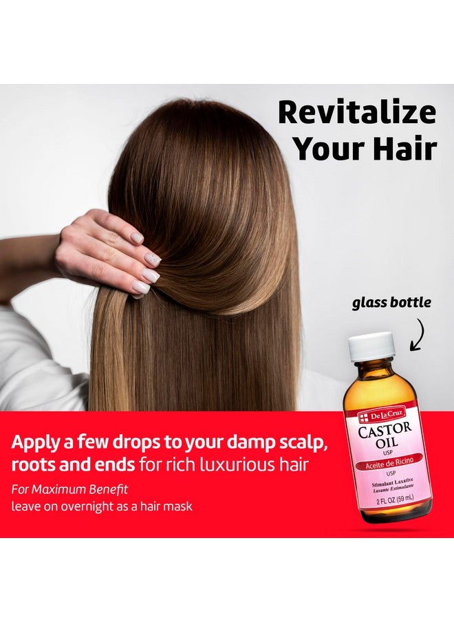 De La Cruz Castor Oil - 100% Pure Castor Oil for Hair, Skin, Eyelashes, and Eyebrows - USP Grade, 2 FL Oz (3 Glass Bottles)