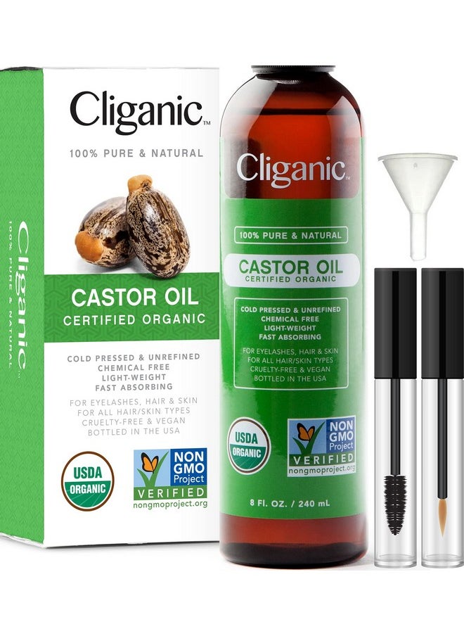 Cliganic USDA Organic Castor Oil, 100% Pure (8oz with Eyelash Kit) - For Eyelashes, Eyebrows, Hair & Skin | Natural Cold Pressed Unrefined Hexane-Free