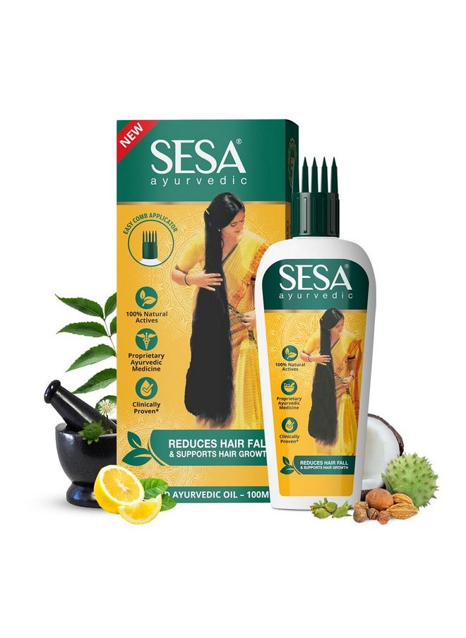 SESA Ayurvedic Hair Oil With Bhringraj & 17 Rare Herbs With Coconut Oil and 4 Nourishing Oil For Hair Growth Help Control Hair Fall & Easy Hair Oil Applicator For Women and Men, 3.38 Fl Oz or 100 ml