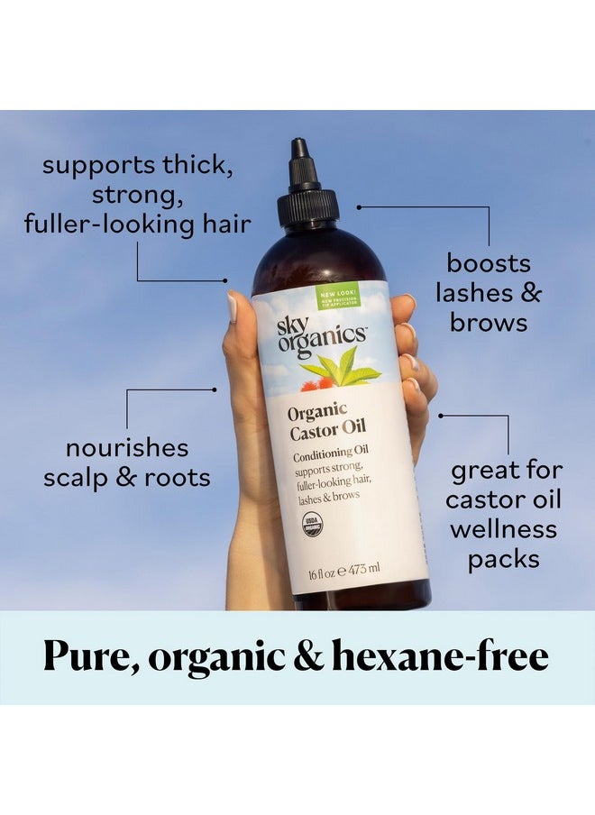 Sky Organics Organic Castor Oil, 100% Pure, Hexane Free, Cold-Pressed to Support Stronger, Fuller-Looking Hair, Eyelashes & Eyebrows,Good for Castor Packs, Navel Oiling, Carrier Oil Use, 16 fl oz