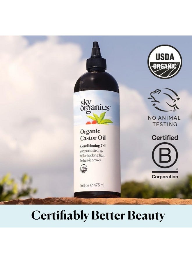 Sky Organics Organic Castor Oil, 100% Pure, Hexane Free, Cold-Pressed to Support Stronger, Fuller-Looking Hair, Eyelashes & Eyebrows,Good for Castor Packs, Navel Oiling, Carrier Oil Use, 16 fl oz