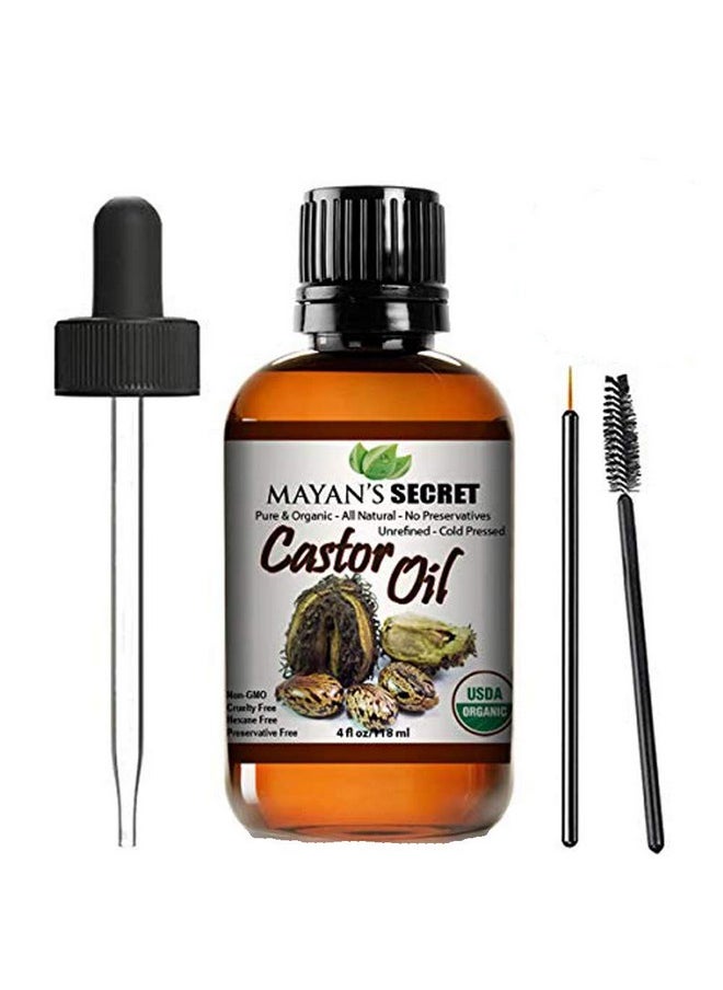 Mayan's Secret - 4oz Pure Castor Oil Organic Cold Pressed Unrefined Glass Bottle Hexane Free Hair Oil for Hair Growth, Eyelashes, Eyebrows - Oil for Skin, Face, Body