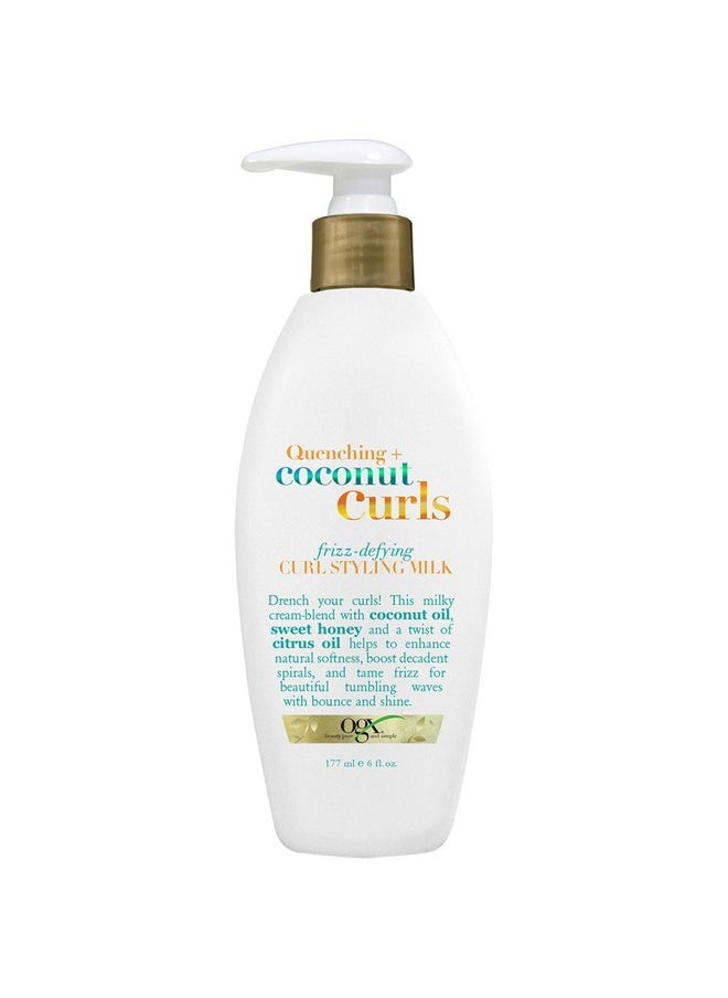 OGX Quenching + Coconut Curls Frizz-Defying Styling Milk, Nourishing Leave-In Hair Treatment with Coconut, Citrus Oil & Honey, Paraben-Free and Sulfated-Surfactants Free, 6 fl oz