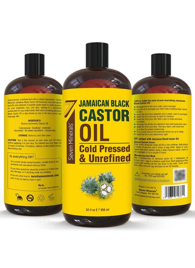 Seven Minerals, Pure Jamaican Black Castor Oil - Big 32 fl oz Bottle - Unrefined & Hexane Free - for Hair Growth, Thicker Eyelashes & Eyebrows, Dry Skin, Healing, Hair Care
