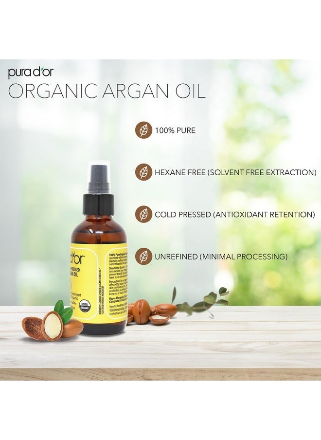 PURA D'OR 4 Oz ORGANIC Moroccan Argan Oil - USDA Certified 100% Pure & Cold Pressed Virgin Premium Grade Natural Moisturizer Treatment For Dry, Damaged Skin, Hair, Face, Body & Scalp - Men & Women