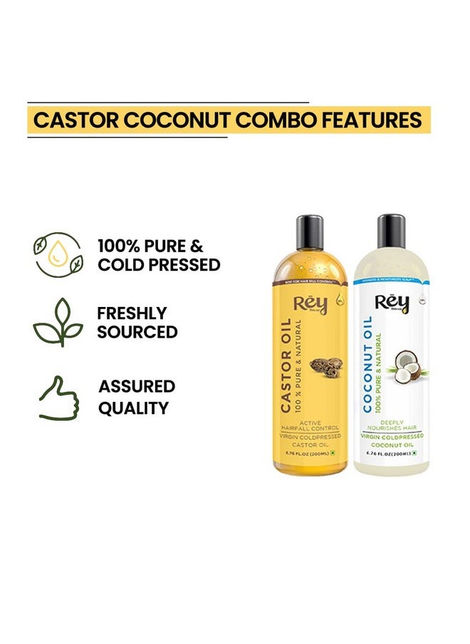 Rey Naturals Cold Pressed Castor & Virgin Coconut Hair Oil | For Hair Growth, Hairfall Control, Nail Cuticles, Eyebrow & Eyelashes Nourishment | Hydrates & Moisturize Scalp | For Men & Women -200ML*2
