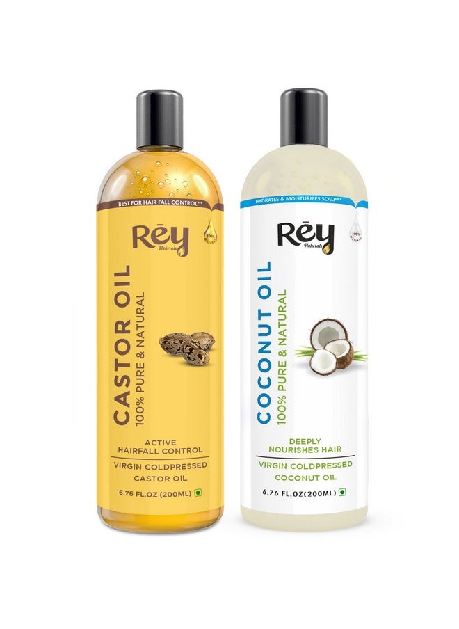 Rey Naturals Cold Pressed Castor & Virgin Coconut Hair Oil | For Hair Growth, Hairfall Control, Nail Cuticles, Eyebrow & Eyelashes Nourishment | Hydrates & Moisturize Scalp | For Men & Women -200ML*2