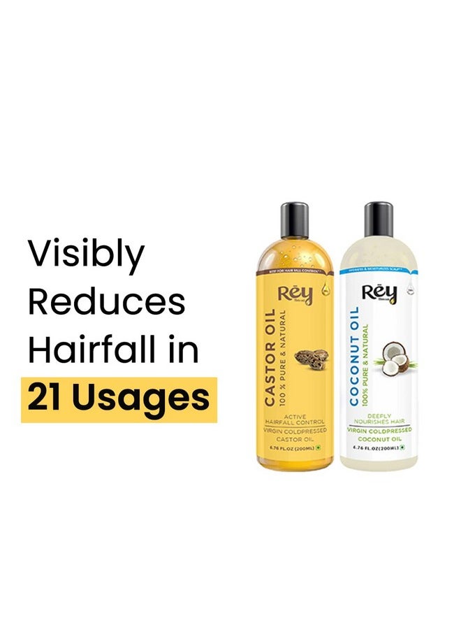 Rey Naturals Cold Pressed Castor & Virgin Coconut Hair Oil | For Hair Growth, Hairfall Control, Nail Cuticles, Eyebrow & Eyelashes Nourishment | Hydrates & Moisturize Scalp | For Men & Women -200ML*2
