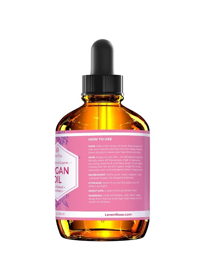 Leven Rose Argan Oil for Face, Hair and Skin - 4 oz 100% Pure Moroccan Cold-Pressed Organic