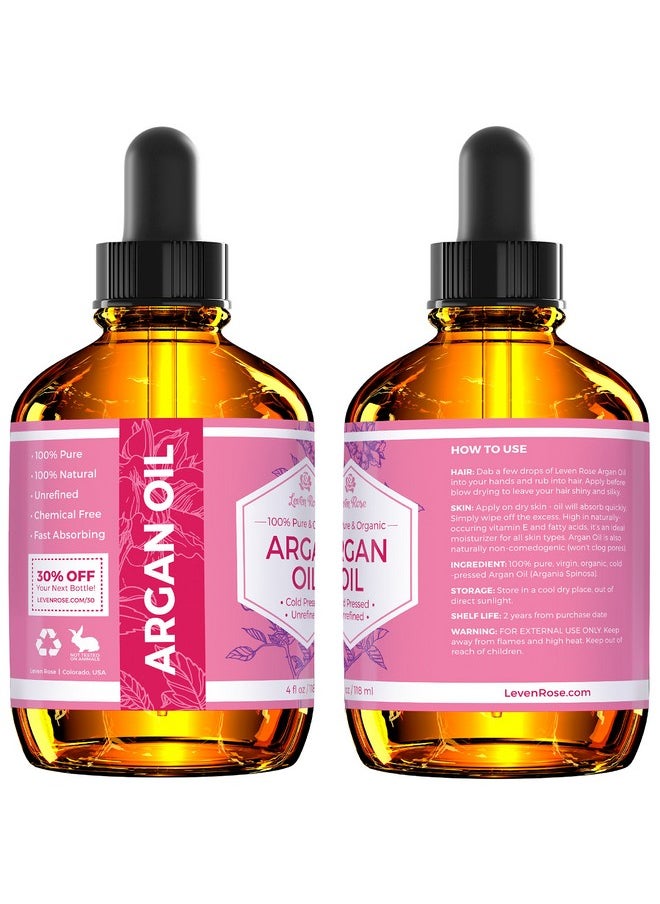 Leven Rose Argan Oil for Face, Hair and Skin - 4 oz 100% Pure Moroccan Cold-Pressed Organic