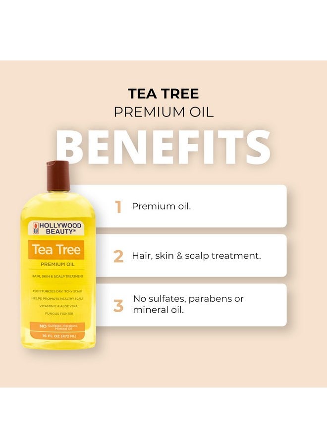 Hollywood Beauty Tea Tree Oil for Hair, Scalp, and Skin, 16 fl oz - Moisturizes Dry, Itchy Scalp, Fungus Fighter, Blended with Vitamin E & Aloe