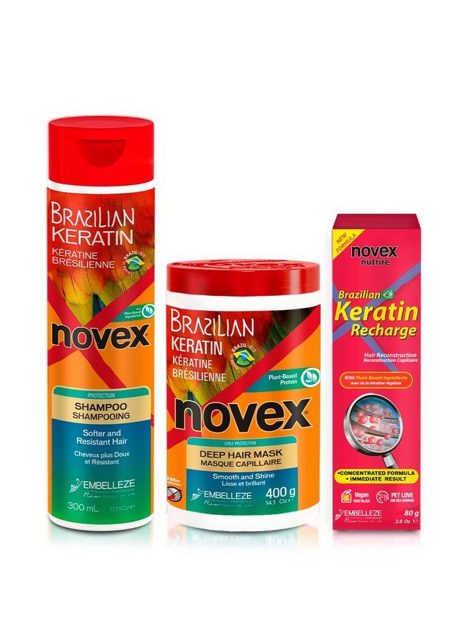 Novex Brazilian Keratin Hair Treatment Recharge Bundle - Reconstructive Keratin for Frizz control & Damage Repair - Smooths and Straightens Hair - Ultra Concentrated Formula for Daily Care - Unisex