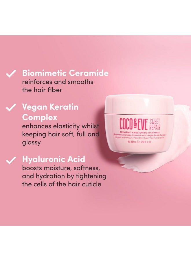 Coco & Eve Sweet Repair Repairing and Restoring Hair Mask. 85% stronger hair, reduce hair damage by 65%. Biomimetic Ceramides, Hyaluronic Acid, Vegan Keratin. Increase Hydration & Shine.